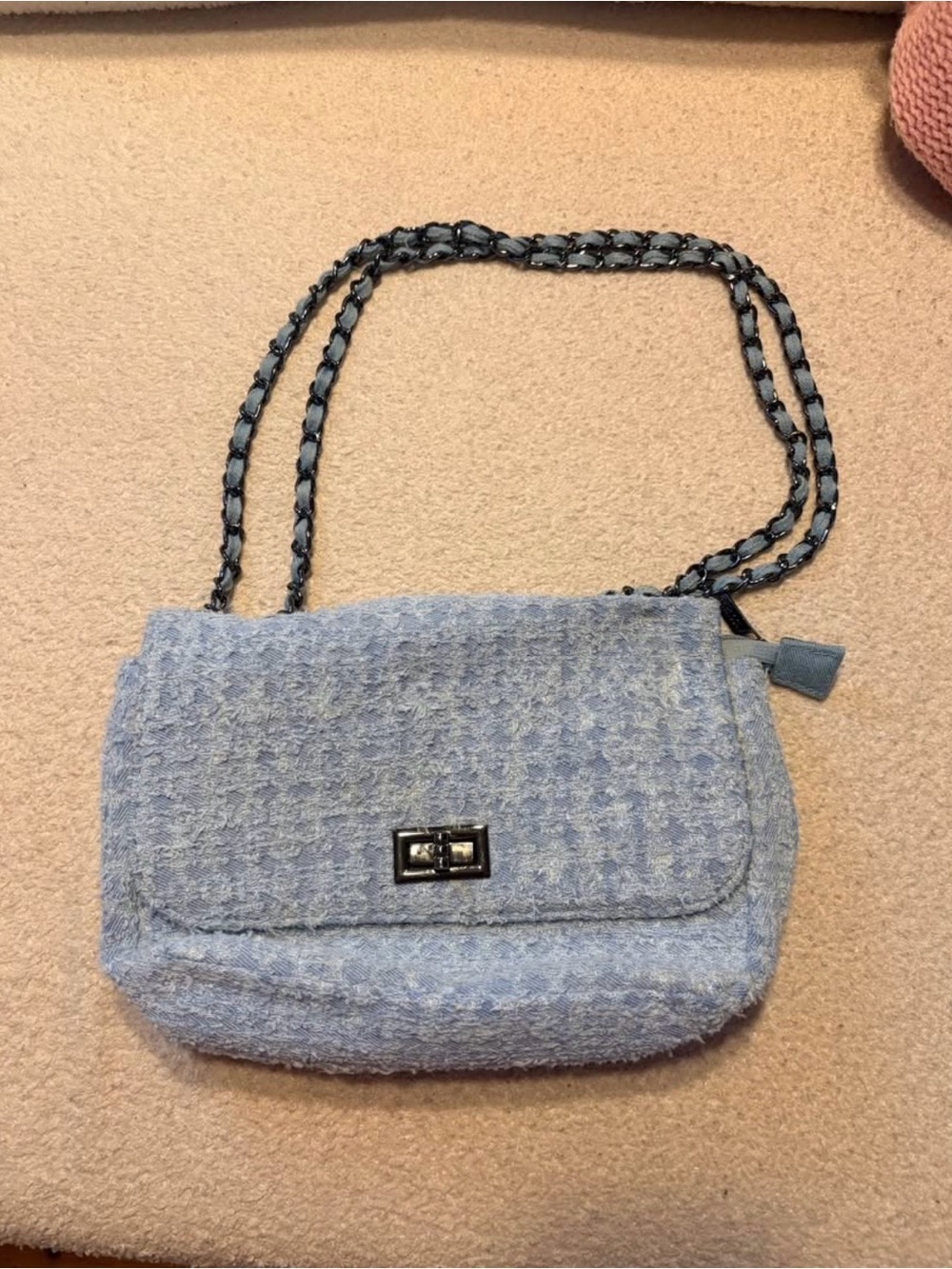 Light Blue Tweed Chain-Shoulder Crossbody Bag